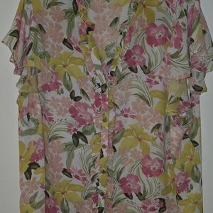 Anne Klein Floral Ruffle Blouse - Pink, Yellow, Green